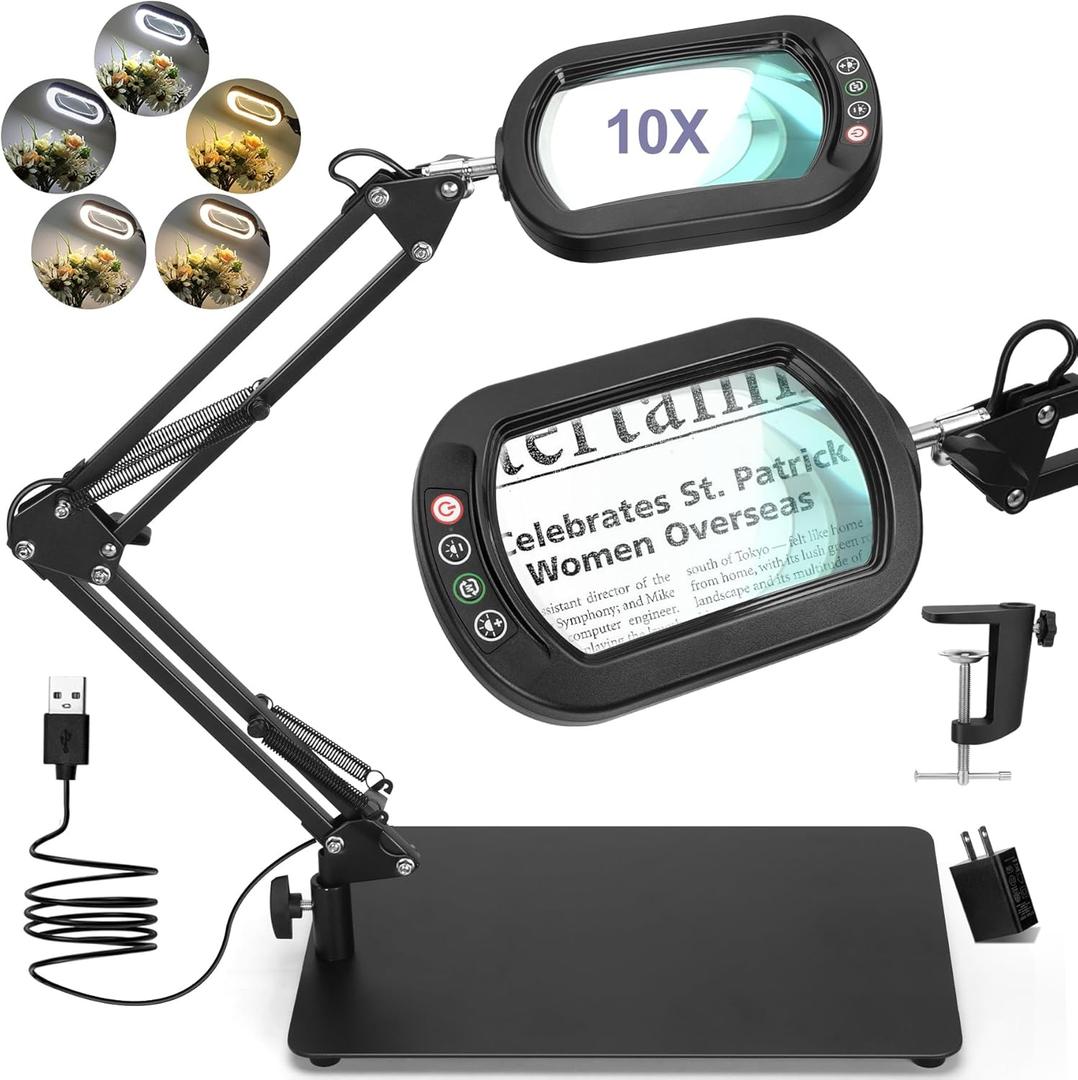 Drdefi 10X Square Magnifying Glass with Light and Stand, Real Glass LED Lighted Magnifier, 5 Color Modes Stepless Dimmable, Hands-Free Mag Desk Lamp with Clamp for Reading Craft Hobby Close Work (Black)