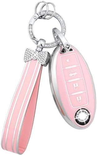 PIFOOG Key Fob Cover for Nissan 4 Button Pink Bling Keychain Girly Car Keys Case Shell Full Covers Protector Accessories for Altima Sentra Kicks Armada Murano Rogue Pathfinder Versa Titan Women TPU