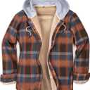 Men's Cotton Plaid Long Sleeve Shirts Jacket Fleece Lined Flannel Shirts Sherpa Button Down Coat with Hood (Large, Blue Orange Plaid)