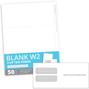 Blue Summit Blank W2 3 Up Tax Forms 2025, W2 Perforated Paper 50 Employee Sets, Ideal for E-Filing, Compatible with Quickbooks and Laser or Inkjet Printers, 50 Sheets and Self Seal Envelopes