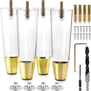 Acrylic Furniture Legs With Gold Caps - Mid Century Legs For Couch, Sofa, Chair, Table, Dresser, Bed, Cabinet - Furniture Feet Are Easy To Install & Include Installation Hardware - Set of 4, 6 Inches