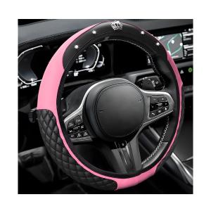 MUQIDA Bling Car Steering Wheel Cover, 15 Inch Non-Slip Elastic Leather Bling Diamond Steering Wheel Covers, Interior Sparkling Crystal Rhinestones Wheel Protector for Women Girls (Pink)