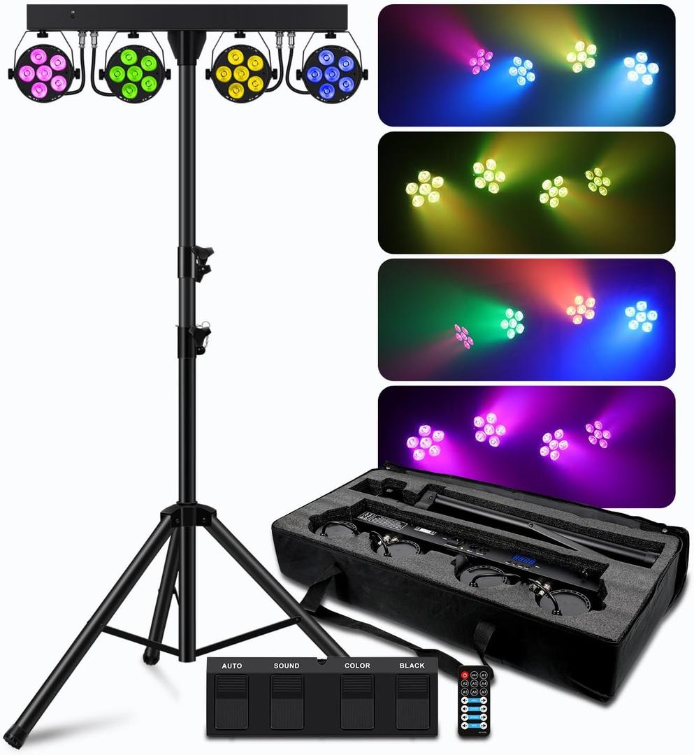 Telbum DJ Stage Lights with Stand, 240W RGBW LED Par Light, DMX, Wireless Footpedal, Remote Control, Sound-Activated Professional DJ Lighting Package for Gig Bar Wedding Party Show Church and Concerts