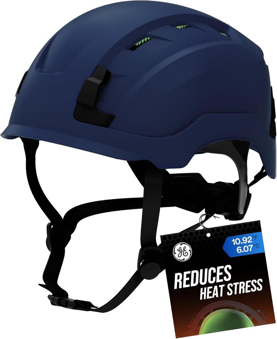 GE Safety Helmet, Impact Absorbing Tech, Adjustable Ratchet, ANSI Type 1, Memory Foam Padding, Hard Hats Protection, Chin Strap, Class C (Vented) & Class E (Non-Vented), OSHA Approved