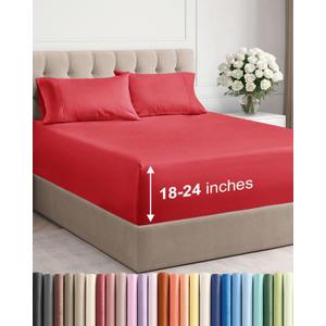 Extra Deep Pocket Queen Sheet Set - 4 Piece Breathable & Cooling Bed Sheets - Hotel Luxury Sheet Set - Ultra Soft, Wrinkle Free and Comfy - Easily Fits Extra Deep Mattresses - Deep Pocket Red Sheets