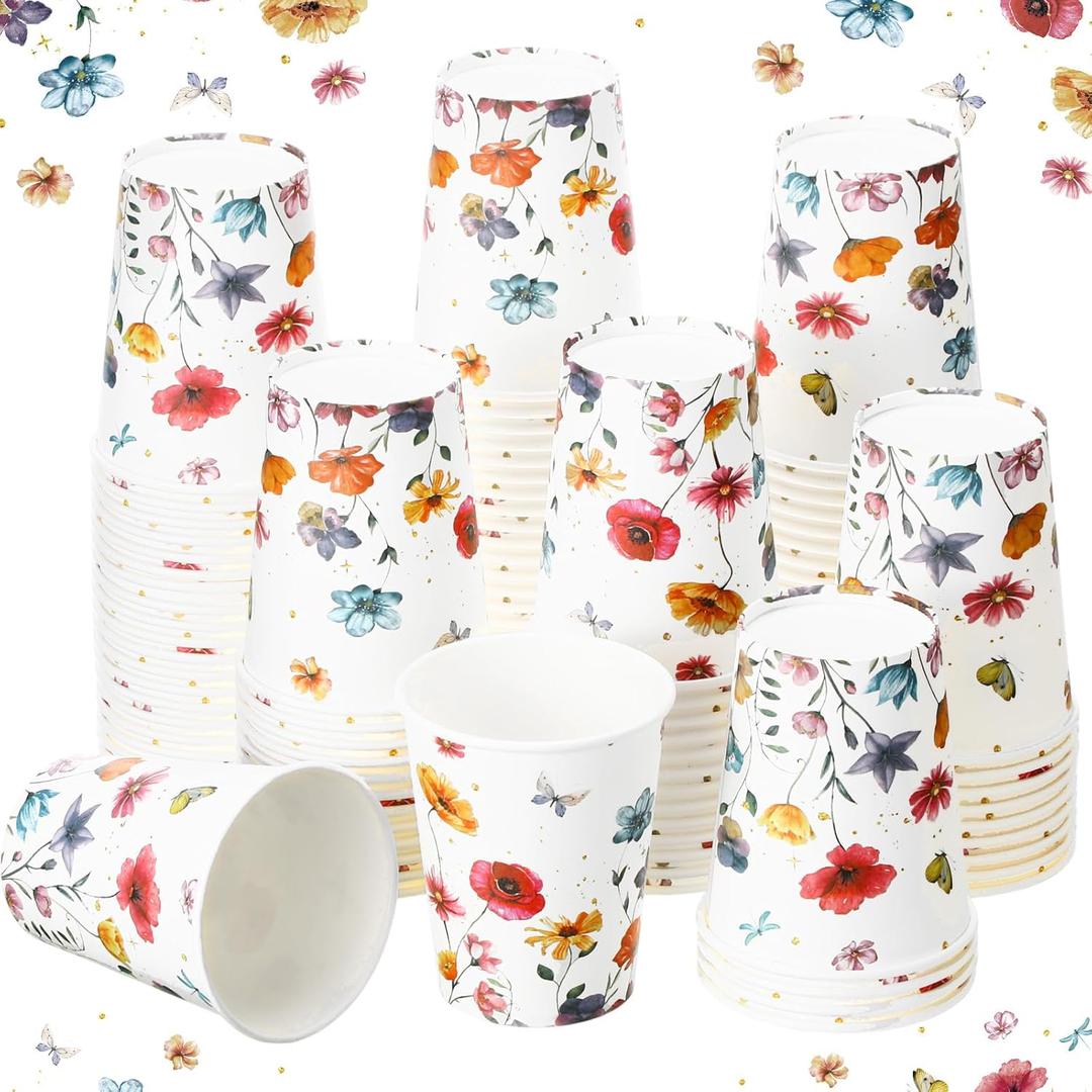 Maxcheck 100 Pcs Floral Party Supplies Bulk Spring Flower Paper Cup Disposable 9 oz Flowers Drinking Coffee Cup for Tea Party Hot Cold Drinks Wedding Birthday Bridal Baby Shower(Wildflower)