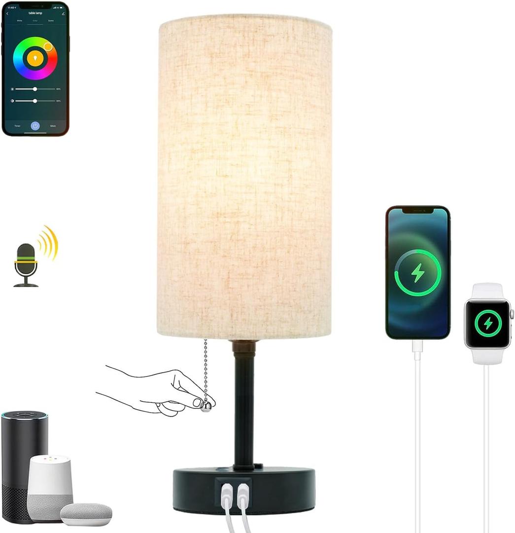 Smart Table Lamp Work with HomeKit, Siri, Alexa, Google Assistant, Smart Beside Nightstand Lamp with AC Outlet & USB A+C Charging Ports, Ambiance Color Changing Bed Table Lamp for Bedroom