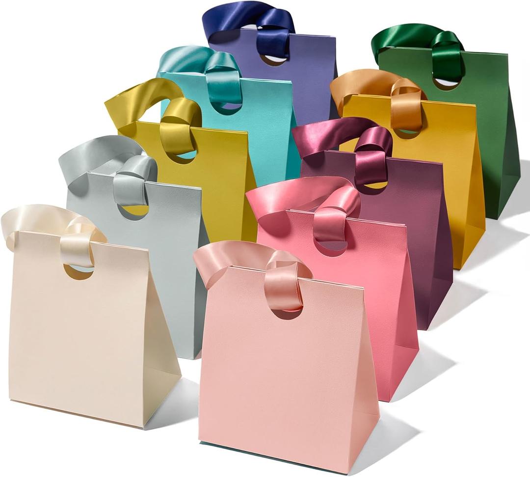 Vitalizart Paper Gift Bags With Ribbon Handles Set of 10 Assorted Colors Bulk Reusable For Gift Wrap Girls Kids Birthday Bridal Shower Party Favors Goodie Bags Candy Christmas 5.91"x3.54"x7.28" Small