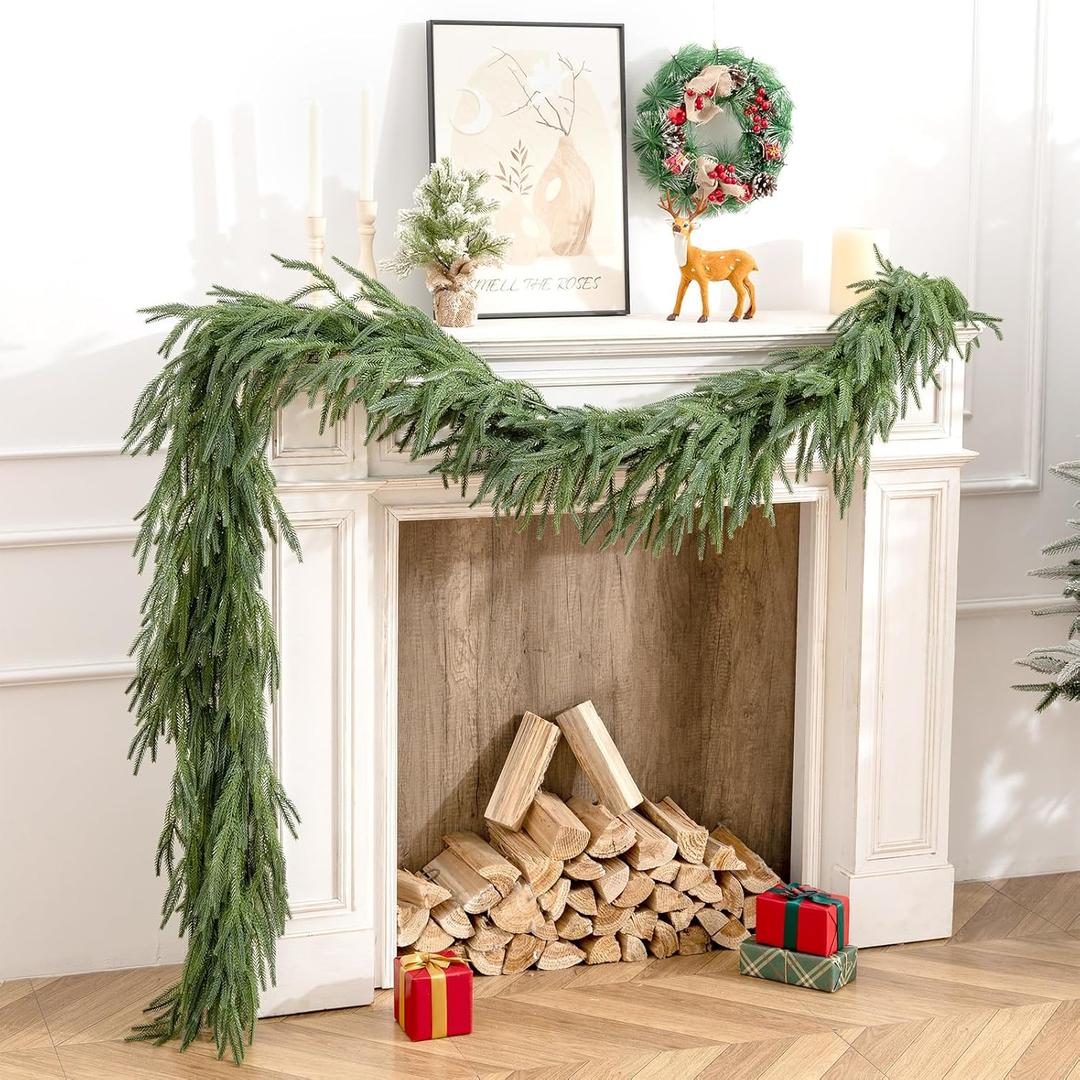 2Pcs 9Ft Real Touch Norfolk Pine Garland-Realistic Christmas Garlands for Mantle- Lush Dripping Artificial Greenary Decoration-Winter Indoor Outdoor Decor