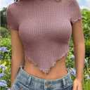 SweatyRocks Women's Mock Neck Short Sleeve Crop Tops Waffle Knit Asymmetric Fitted Tee Shirts (Purple, S)