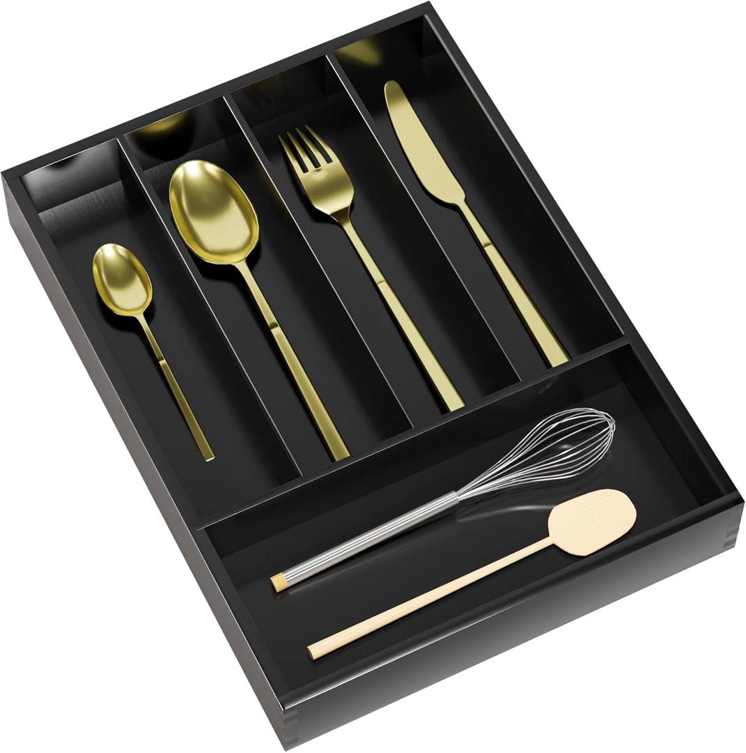 Silverware Drawer Organizer Cutlery Tray - Bamboo Black Small Kitchen Gadgets Holder&Flatware Storage 14"D * 10-1/4"W * 2"H