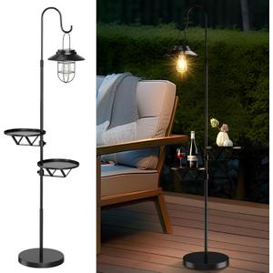 60" Solar Light with Plant Stands, Outdoor Floor Lamp, Waterproof Metal Hanging Solar Lantern for Patio Deck Porch Yard Garden Decor