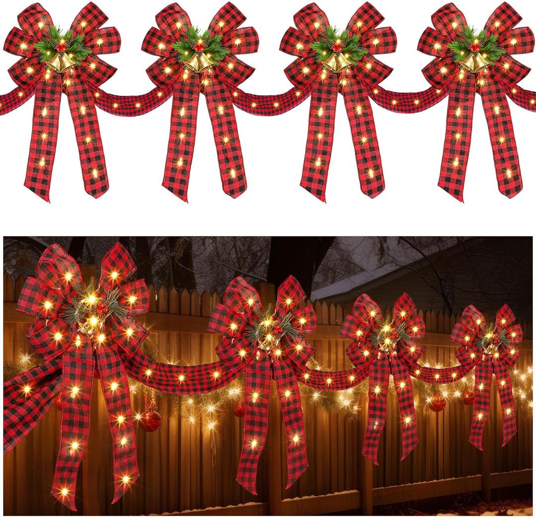 13 FT Christmas Bows Fence Decoration, 140LED Lighted Large Christmas Bows Decoration with 8 Mode and Timing Ornament for Party Front Door Fireplace(Red Black,Plaid Ribbon)