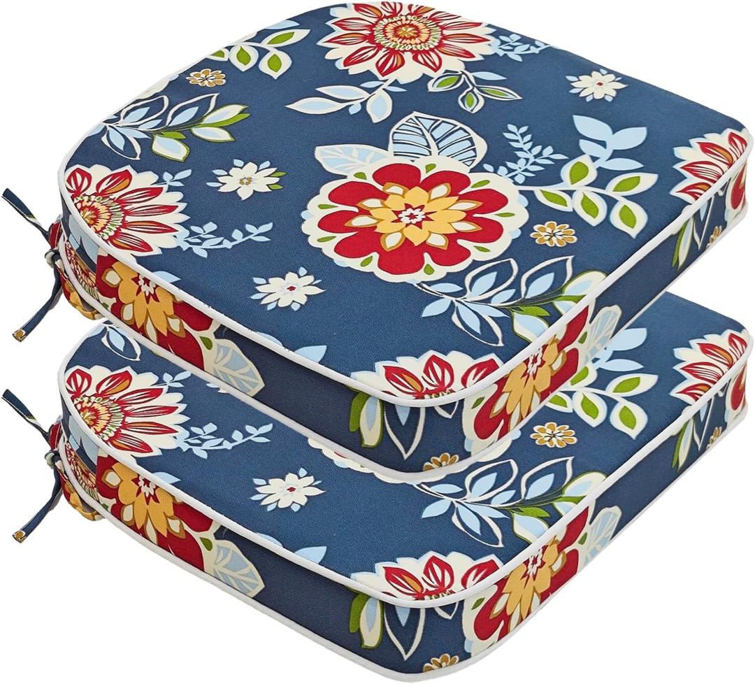 JMGBird Outdoor Chair Cushions Set of 2 Patio Cushions D16 x W17 Inch with Ties, Outdoor Chair Pad for Patio Furniture Upgrade Thicker (Blue With Flower)