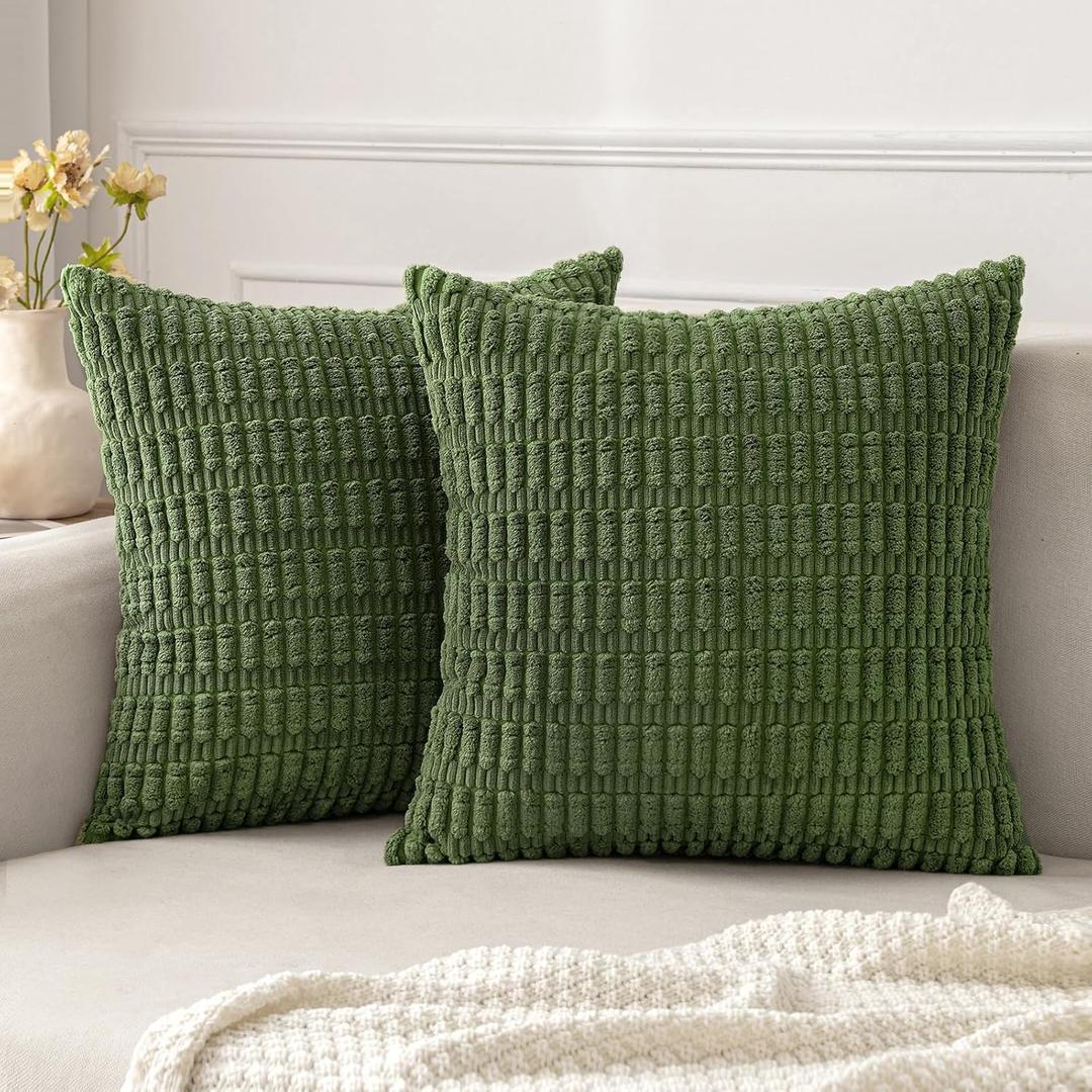 MIULEE Pack of 2 Moss Green Throw Pillow Covers 18x18 Inch Corduroy Decorative Couch Pillow Covers Soft Boho Striped Pillow Covers Modern Farmhouse Home Decor for Sofa Living Room Bed