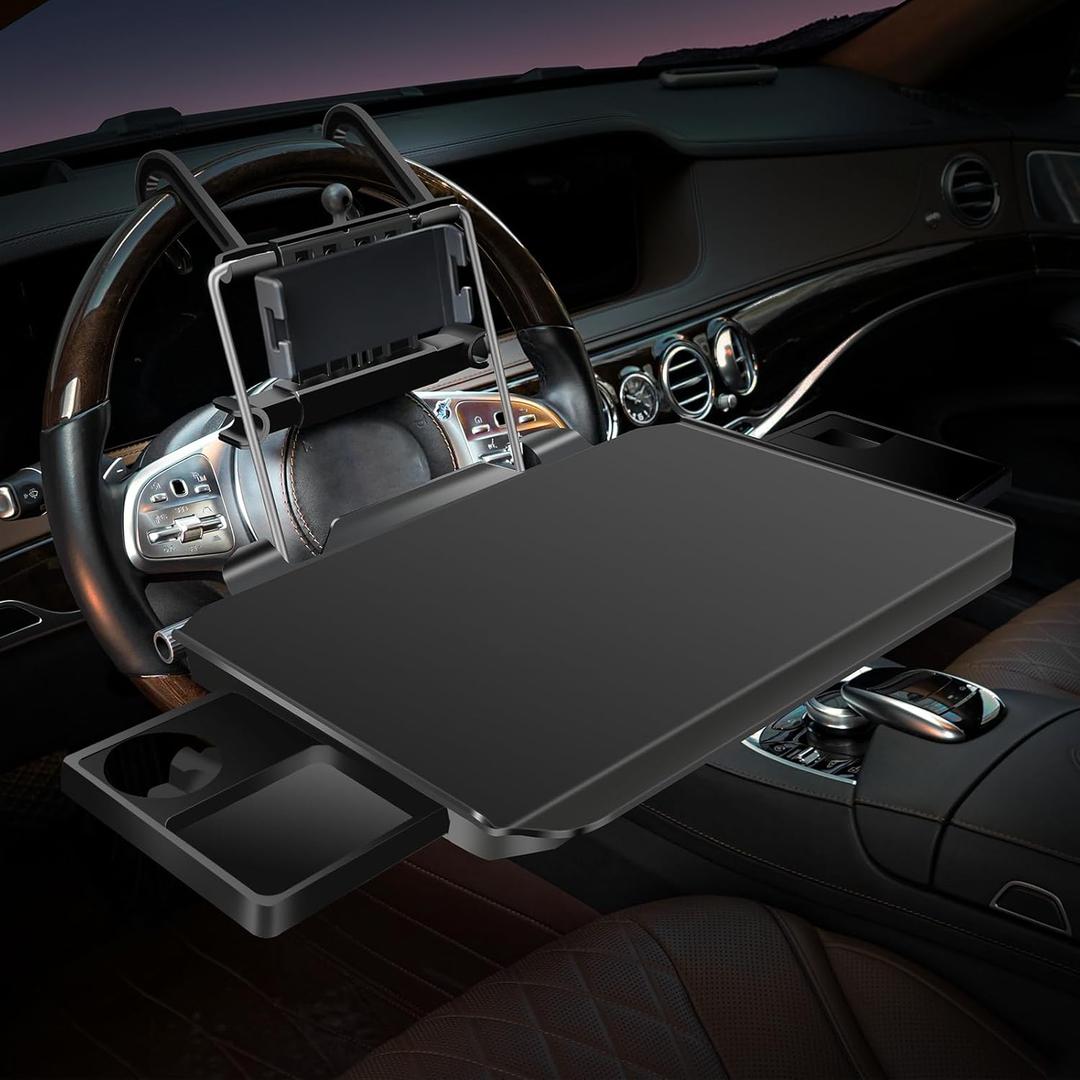 2-in-1 Car Desk, Car Tray for Eating in The Car, Foldable and Easy to Carry Steering Wheel Tray (Black)