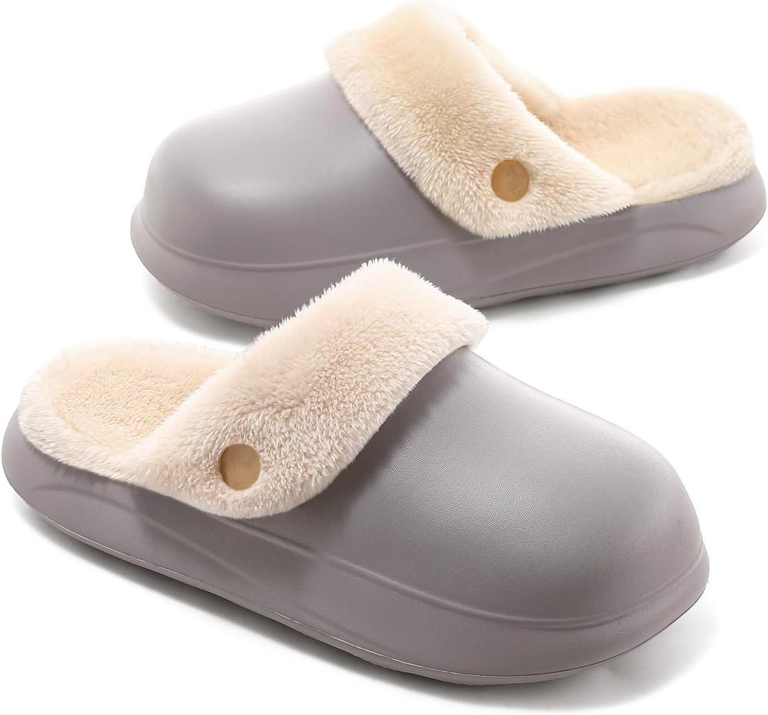Women's Waterproof Slippers for Outdoor, Non-Slip Fuzzy Fleece Lined Winter Garden Clogs, Indoor Outdoor Comfortable Warm House Shoes (9.5 Wide, Light Grey)
