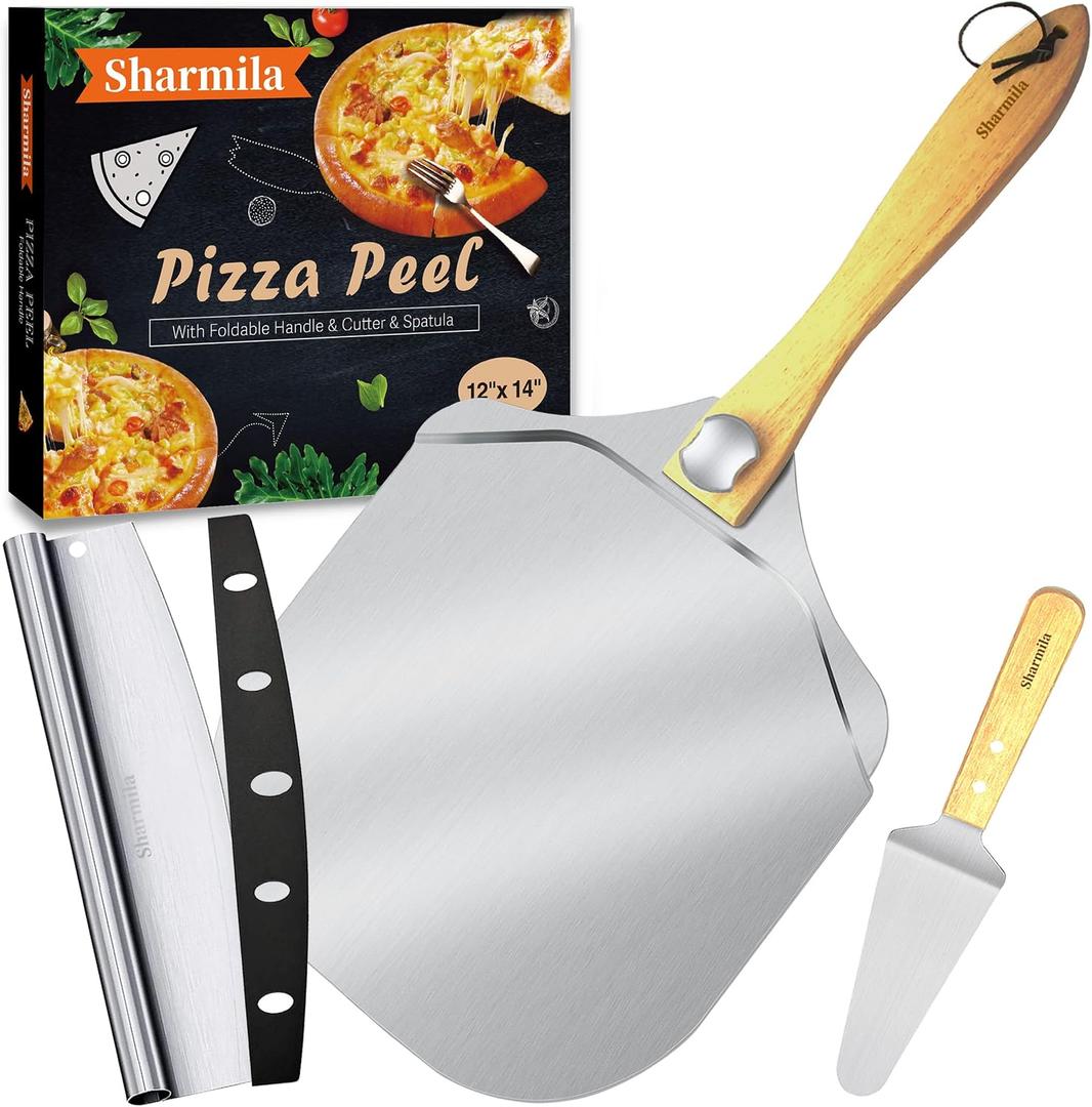 Sharmila Pizza Peel 12 Inch, Aluminum Paddle with Cutter, Spatula, 12*14 Inch