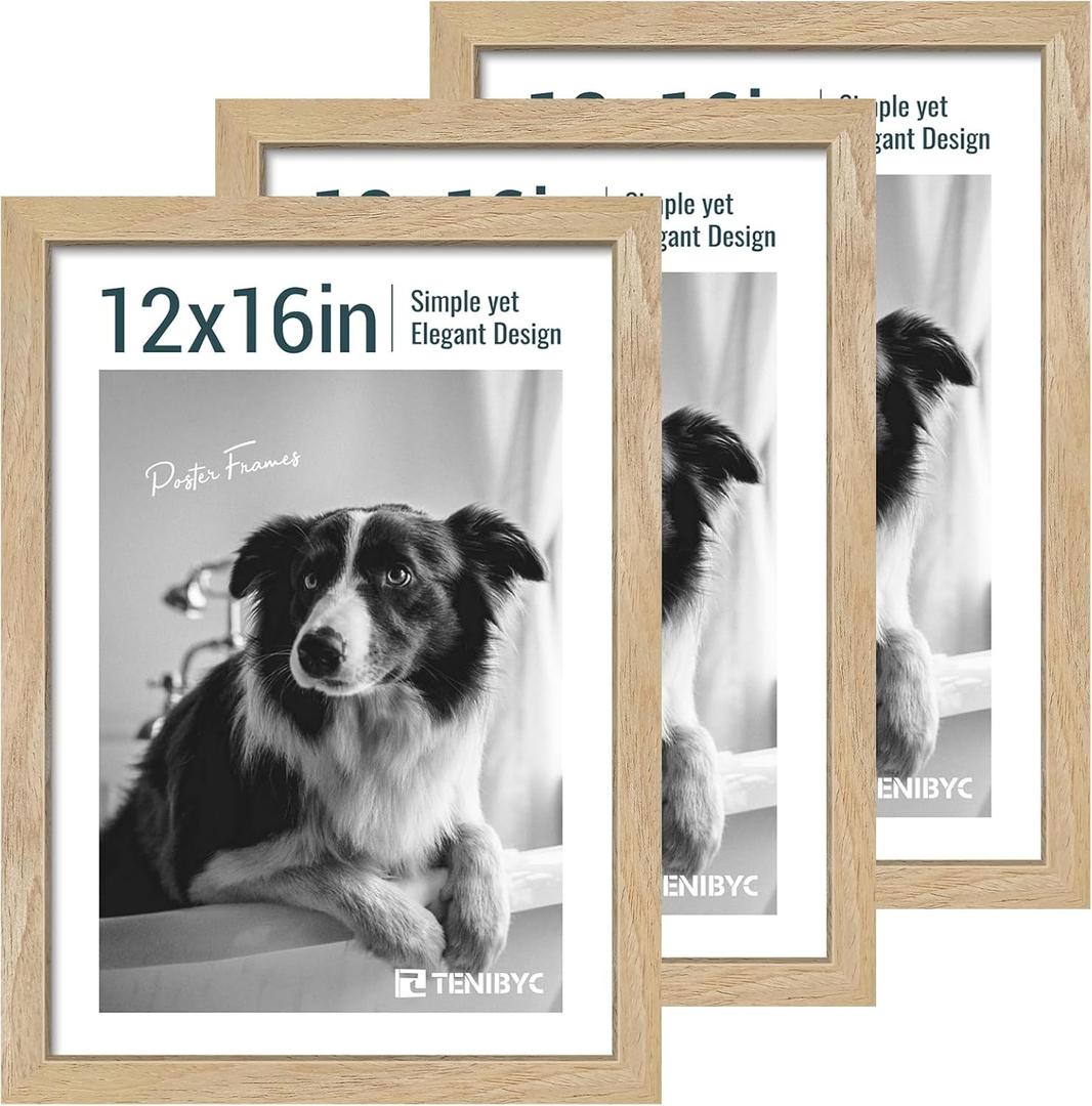 12x16 Picture Frame Set of 3 - Natural Solid Wood, Poster Frame with HD Tempered Glass, Horizontal or Vertical Hanging for Wall Gallery, Living Room, Office