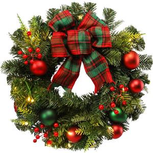 Christmas Wreaths for Front Door, Pre-Lit Artificial Christmas Wreath with LED Light and Red Berries Bow Ribbon Christmas Ball Decorations for Front Door Indoor Window Wall Décor, 20 inch