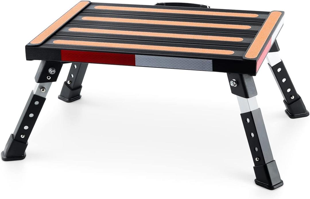 Safety RV Steps, Yagud Height Adjustable Folding Platform Step with 17" X 12" Anti-Slip Surface, Rubber Feet, Handle, Reflective Strips, and T Level, Aluminum RV Step Stool Supports Up to 1000lbs (Black)