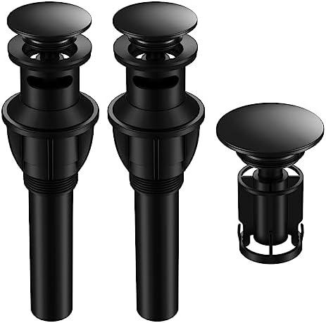 Bathroom Sink Drain with Overflow, Universal Bathroom Sink Stopper for Bathroom Vanity Vessel Sink, Rapid Draining Plastic Pop-up Sink Drain with Hair Catcher Anti-Clog Strainer, Pack of 2, Matte Black