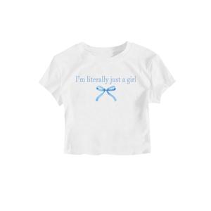 RoseSeek Girl's Letter Bow Graphic Tees Short Sleeve Crewneck Cute Shirts for Teen Girls Trendy Blue and White 10Y (White)