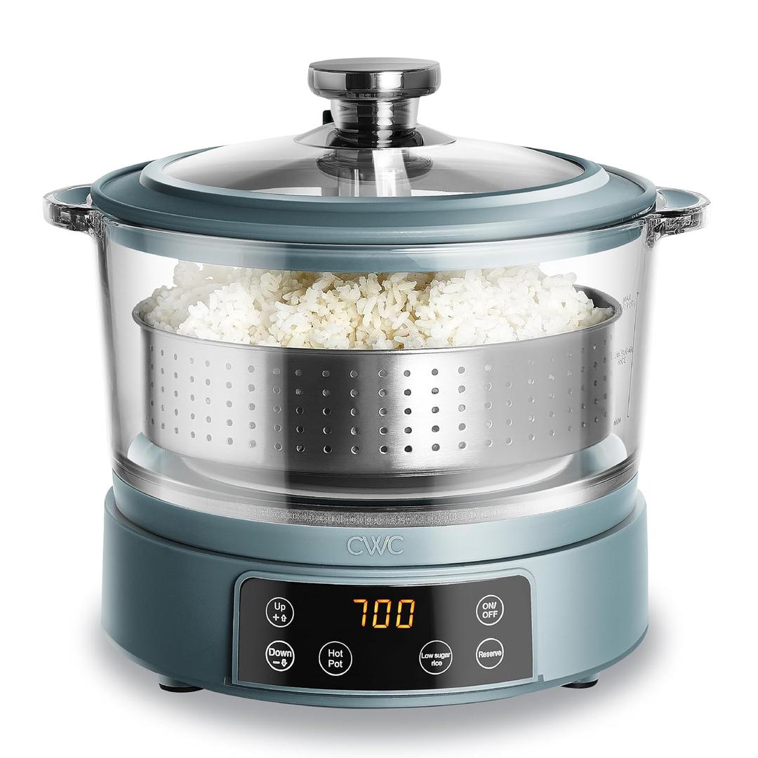COOK WITH COLOR 3L Glass Mini Low Carb Rice Cooker  Holds 2 Cups Raw/Makes 6 Cups Cooked with Auto Lift Filter Basket, Hotpot & Steamer for Rice, Grains, Digital Panel with Keep Warm, Slate Blue