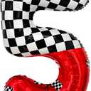 Minyu racing-themed number foil balloons, featuring a black and white checkered flag design with red racing car elements, suitable for birthday party decorations and motorsport party supplies. (5)