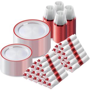 Goodluck 700 Piece Red Plastic Dinnerware Set for Party, Clear Disposable Plates for 100 Guests, Include: 100 Dinner Plates, 100 Dessert Plates, 100 Pre Rolled Napkins with Cutlery Set, 100 Cups