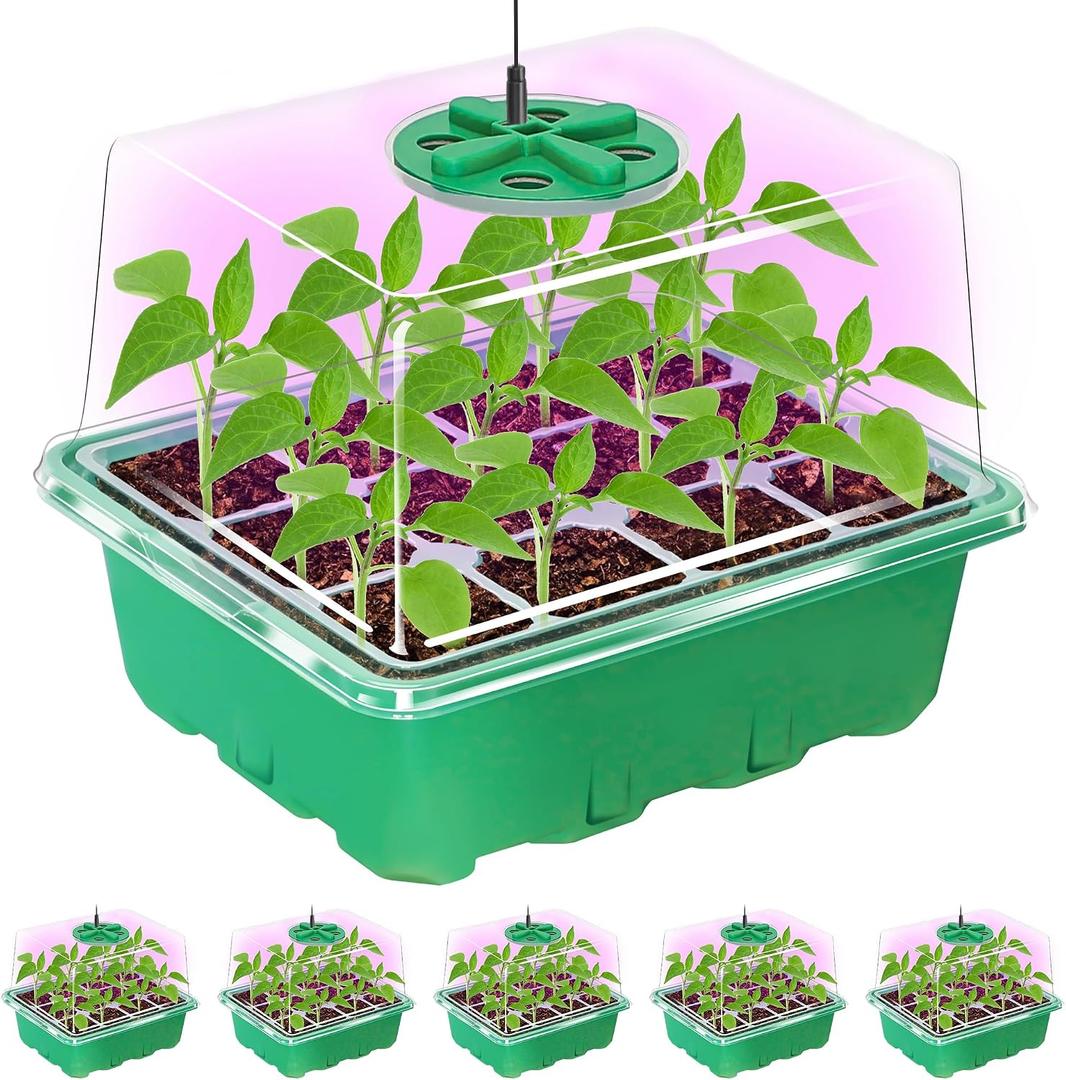 Bonviee 5 Packs Seed Starter Tray with Plant Light, Elevated Seedling Starter Trays Kits with Adjustable Humidity Domes and Clear Cell Tray, 12 Full Spectrum led lamp Beads for Plants Indoor-Green