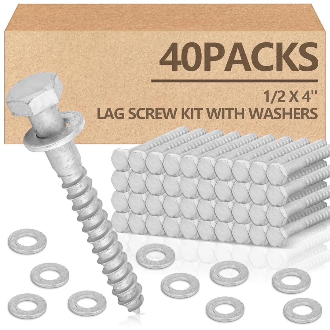 Tandefio 40 Pack 1/2 x 4'' Lag Bolts Screw Kit with Washers Hot Dip Galvanized Hex Lag Bolts Heavy Duty Wood Screws for Wood Decks Fences