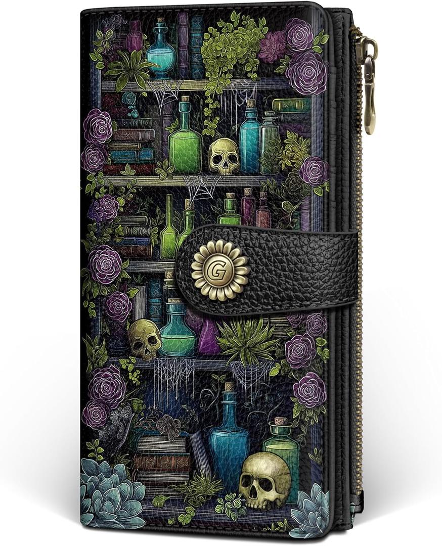 GIANCOMICS Goth Book Shelf Womens Wallet RFID Blocking, Gothic Skull Witchy Credit Card Holder Bifold, PU Leather Travel Billfold, Long Cute Cash Purse, Zipper Coin Pocket Clutch, Ladies Gift Woman
