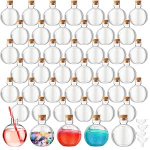 Layhit 50 Pack 6 oz Spherical Plastic Potion Bottles with Corks and Funnels Ball Shape Sand Art Bottles Halloween Cocktail Ornament for DIY Wedding Party Gift Crafts Decoration(Wood Color)