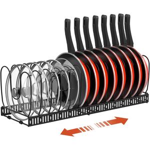 Pot and Pan Organizer Rack for Cabinet, Expandable Pot Lid Organizer Holder with 14 Adjustable Dividers, Fully Expanded Size 22.83" W x 7.09" D x 7.09" H, Black