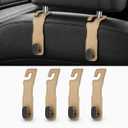 4 Pcs Car Headrest Hooks, Heavy-Duty PU Leather & Stainless Steel Car Seat Organizer for Purses & Bags, Supports Up to 44 lbs