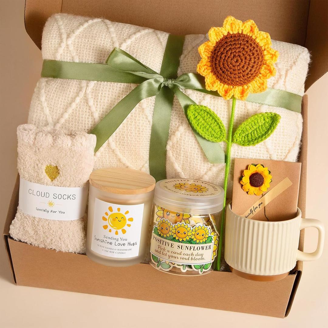 Sunflower Birthday Gift Baskets for Women-Sending Sunshine Self Care Get Well Soon Care Package W/Blanket, Unique Thinking of You Gifs for Mom Sister Her Friends Wife Grandma, Valentines Mothers Day