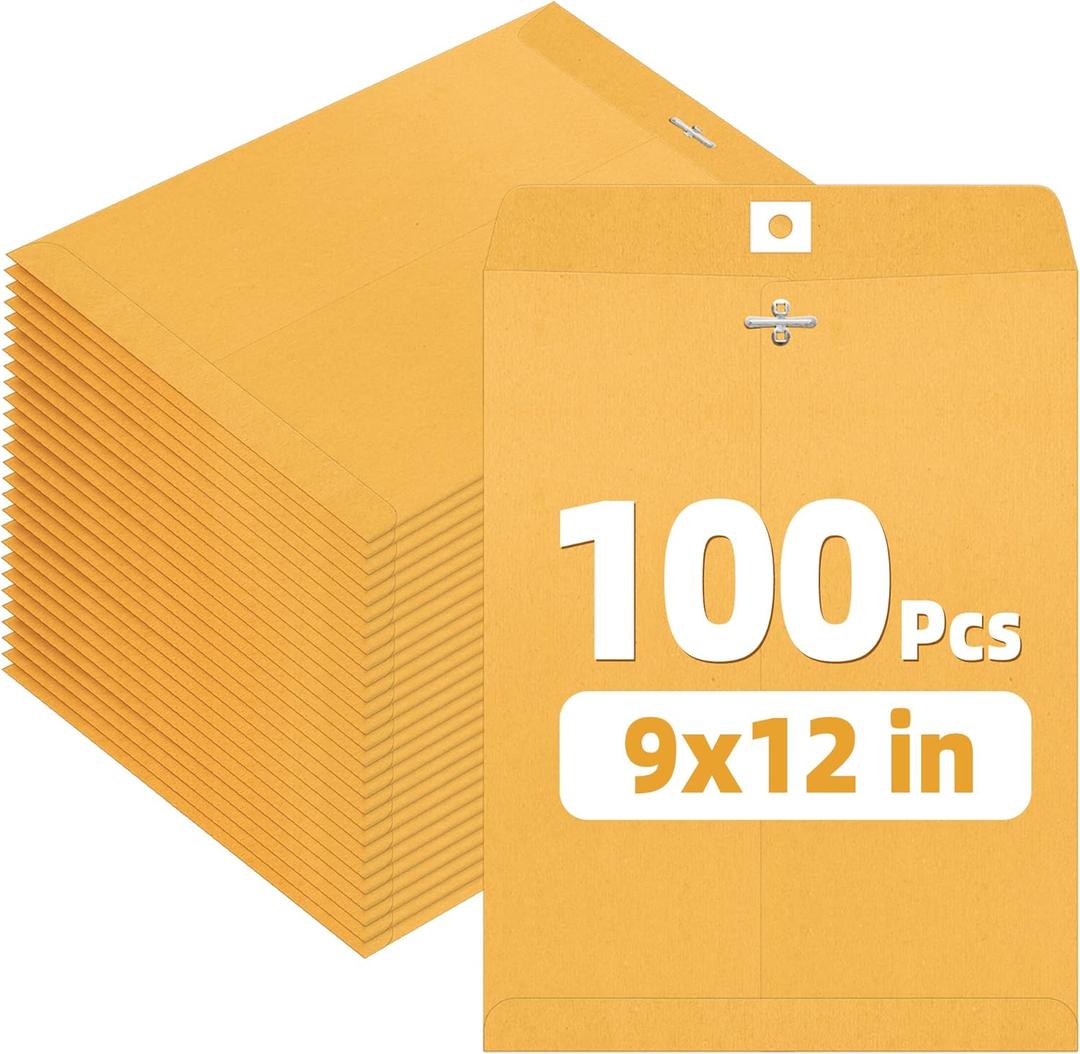 SUNEE 9x12 Clasp Envelopes 100 Count - 9x12 Inch Brown Kraft Envelopes with Clasp Closure  for Home, Office, Business, Legal or School, Great for Filing, Storing or Mailing Documents