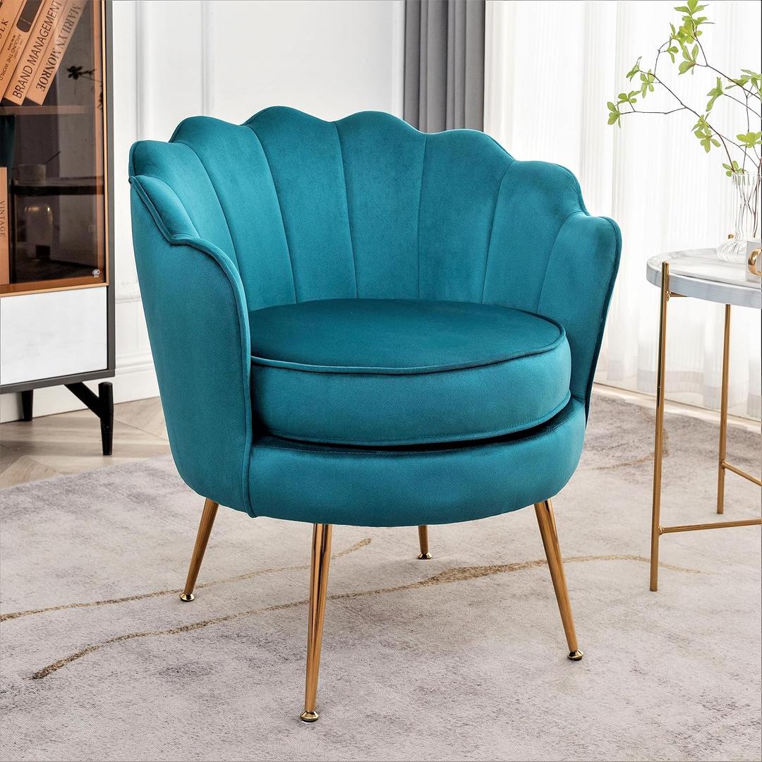 Velvet Barrel Accent Chair with Scalloped Silhouette and Gold Metal Legs, Decorative Piece Suitable for Traditional, Modern, and Contemporary Spaces, Greenish Blue