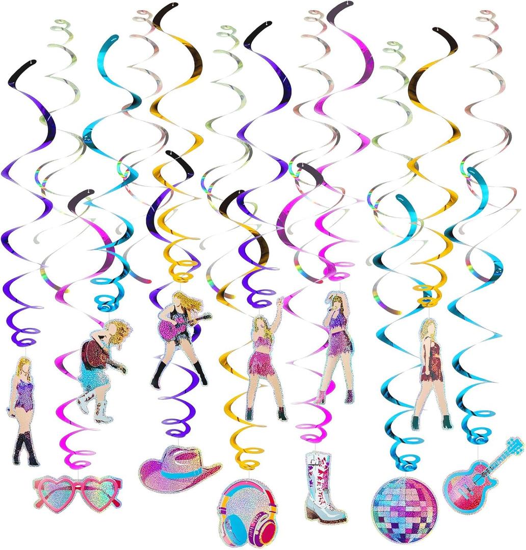 36Pcs Colorful Double Swirl Hanging Party Decorations - Includes 18 Foil Swirls & 18 Prismatic Swirls | Perfect for Music Parties, Karaoke Nights, Birthdays, Girls' Night Out, or Stage Decor