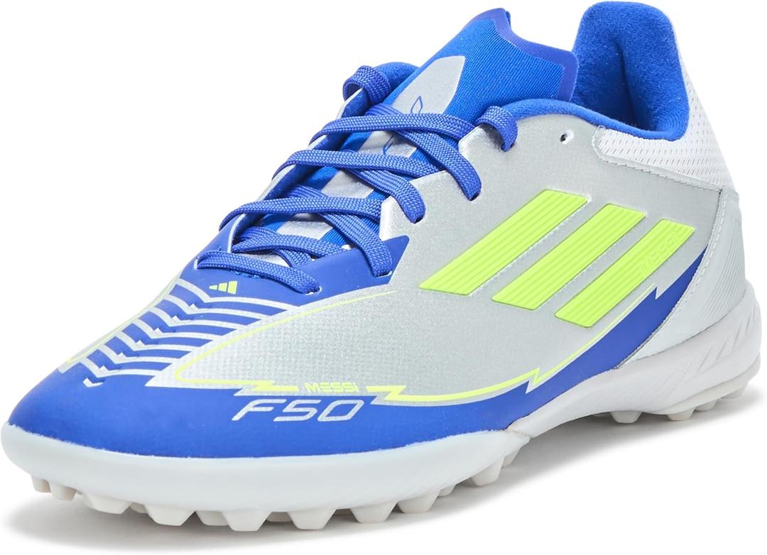 Adidas Unisex-Adult F50 League Messi Turf (10 Women/9 Men, Silver Metallic/Solar Yellow/Lucid Blue)