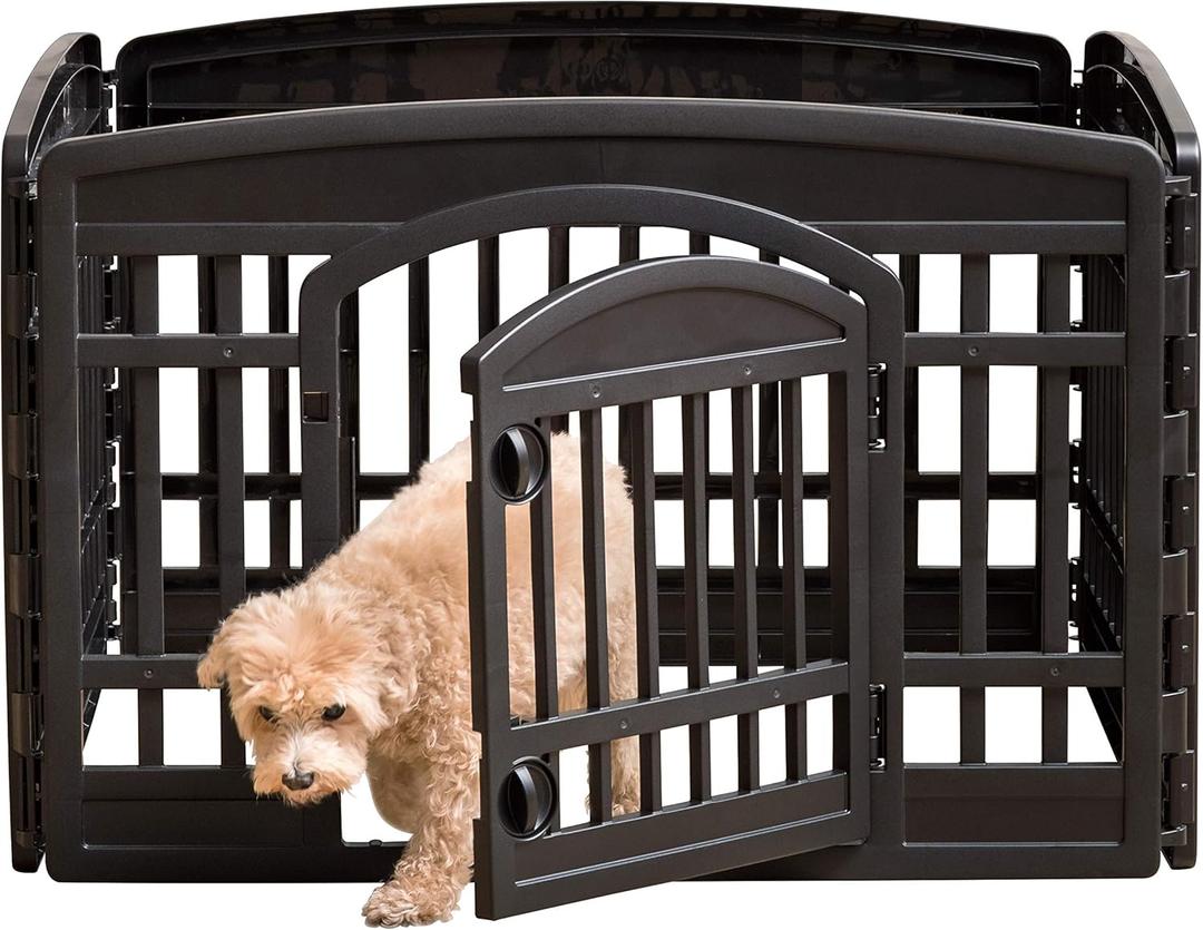 IRIS USA 24" Exercise 4-Panel Pet Playpen with Door, Dog Playpen For Puppy Small Dogs Keep Pets Secure Easy Assemble Easy Storing Customizable Non-Skid Rubber Feet, Black