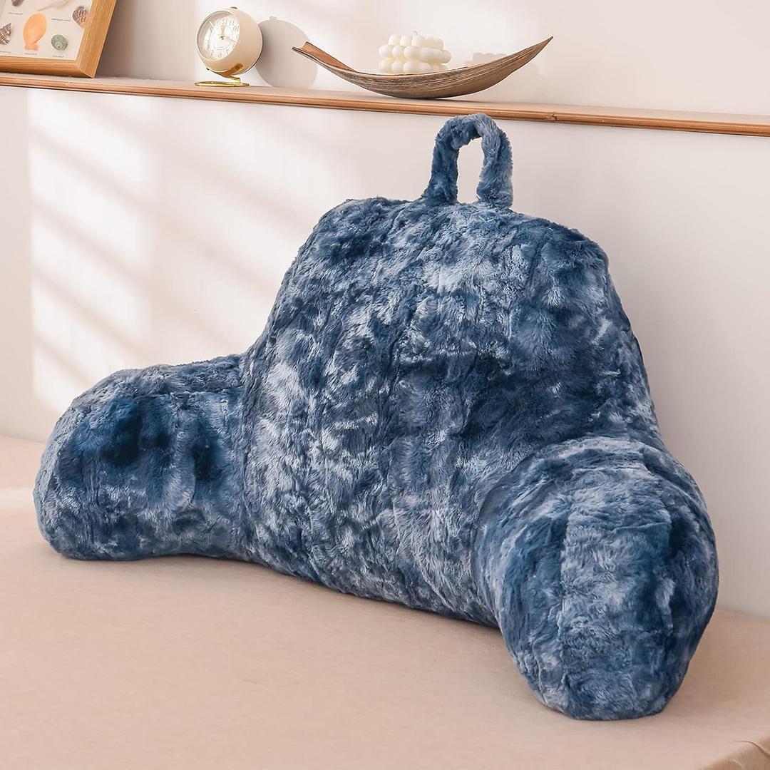 A Nice Night Faux Fur Reading Pillow Bed Wedge Large Adult Children Backrest with Arms Back Support for Sitting Up in Bed/Couch for Bedrest,Tie Dyed Navy, Standard
