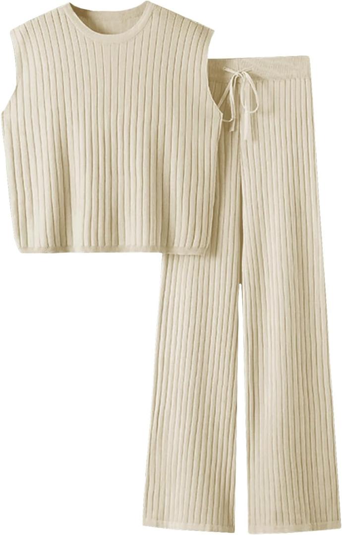 Imily Bela Womens 2 Piece Outfits Sleeveless Ribbed Knit Tops Wide Leg Pants Summer Vacation Sweater Matching Lounge Sets (M)