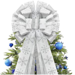 Christmas Tree Topper Bow,48''x 13'' Large Glitter Satin Christmas Wreath Bows Xmas Ornaments with Long Streamer Wired Edge Ribbon for Farmhouse Christmas Decoration (Silver and White)