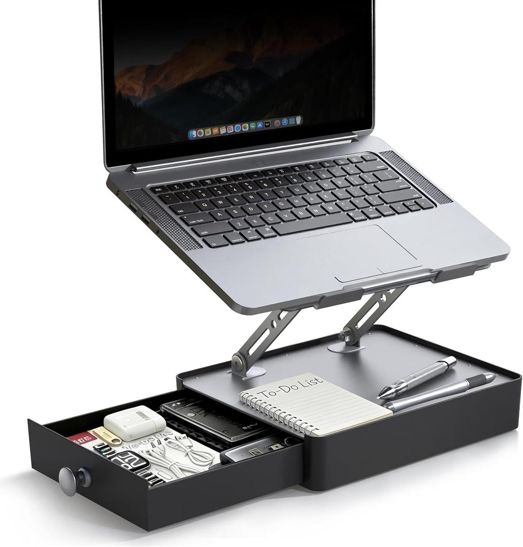 Laptop Stand with Storage Drawer, Adjustable Ergonomic Laptop Riser for Desk, Heavy-Duty Metal Stand for 1016 Laptops, Space-Saving Desk Organizer for Remote Work & Home Office, Gray (Medium)