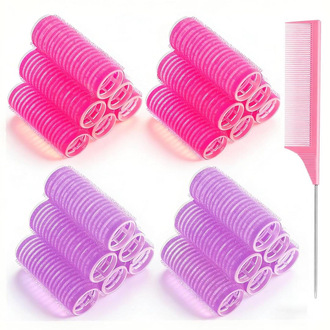 24 Pcs Self-Grip Small Hair Rollers Set, Curlers for Women Short Hair and Bangs, No Heat Hair Curlers to sleep in, Birthday Mothers Day Gifts(25 mm, Rose Red and Purple)