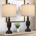 TOBUSA Farmhouse Living Room Table Lamps Set of 2, Matte Black Rustic Vintage Table Lamps for Bedroom Nightstand, Antique Bedside Desk Lamps with Linen Shade, 22 Small Resin Lamp Sets for End Table