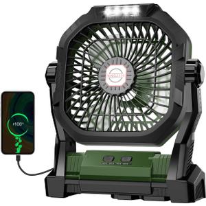 Camping Fan Rechargeable, 20000mAh Battery Powered Portable Fan with LED Light, 4-Speed 180 Adjustable, Camping Essentials for Tent, Travel, Car, Outdoor, Indoor, BBQ, Fishing, Jobsite - Green, Medium