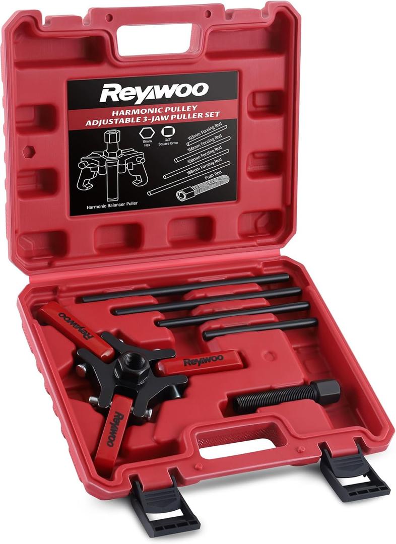 Harmonic Balancer Puller Kit, Adjustable 3-Jaw Puller for Removing Harmonic Damper Pulley Compatible with Chevy GM Chrysler Cadillac Ford, Forcing Screw Fits a 3/8" Square Drive